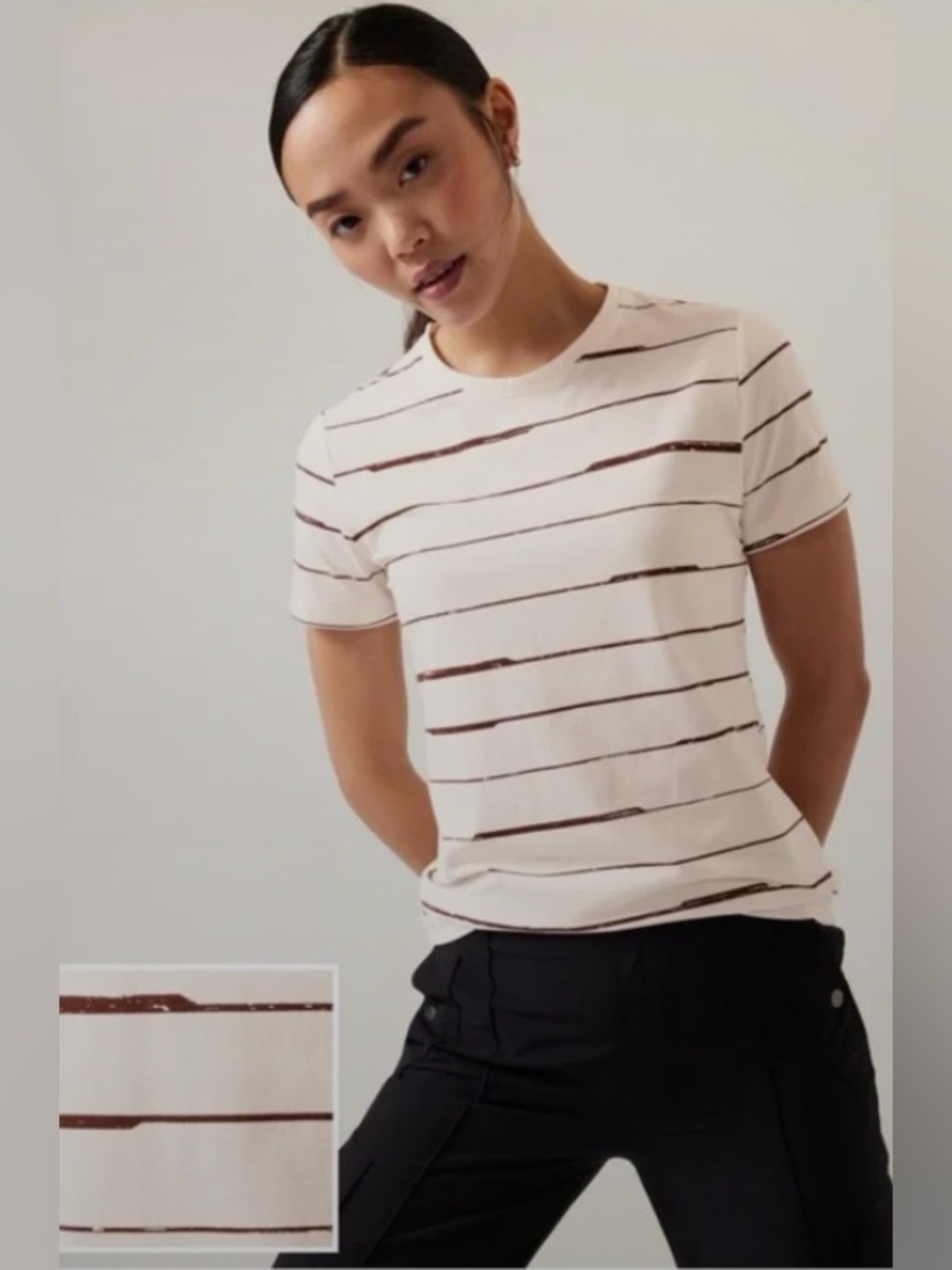 Athleta Outbound Short Sleeve Tee 882342 Aspen Stripe Magnolia White Brown M